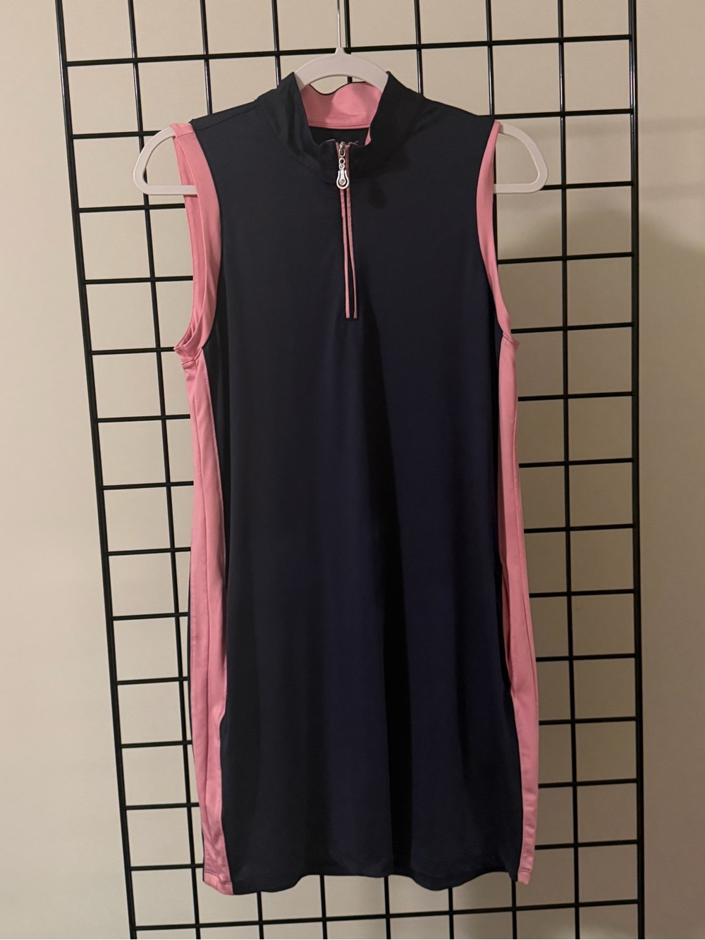 Emerald 18 Sleeveless Navy Mini Dress with Pink Side Panels and Front Zip